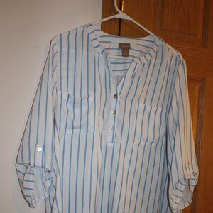Women's pullover blouse by Chico's Size 3 US XL White with blue pinstripes